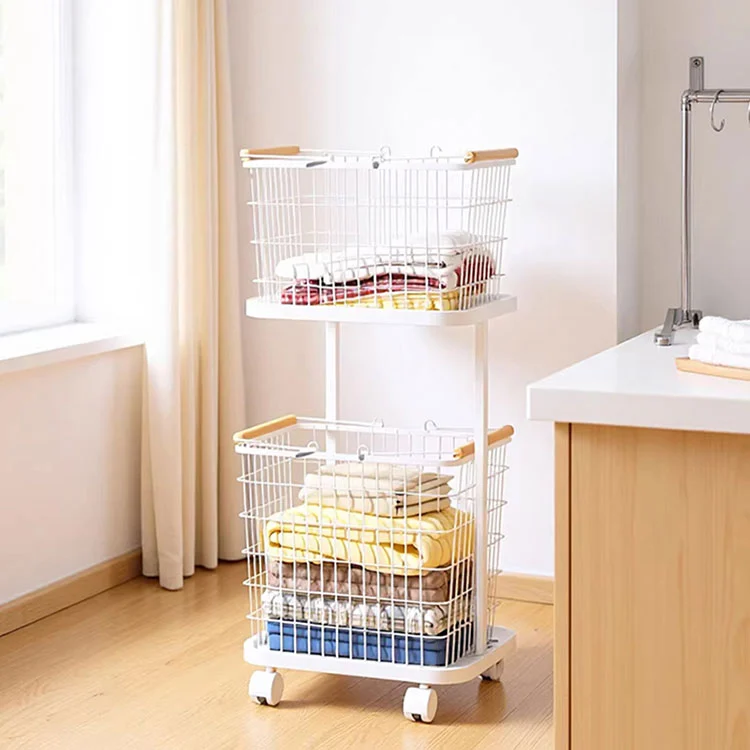 Cesta de lavandería de hierro para almacenamiento de baño con ruedas