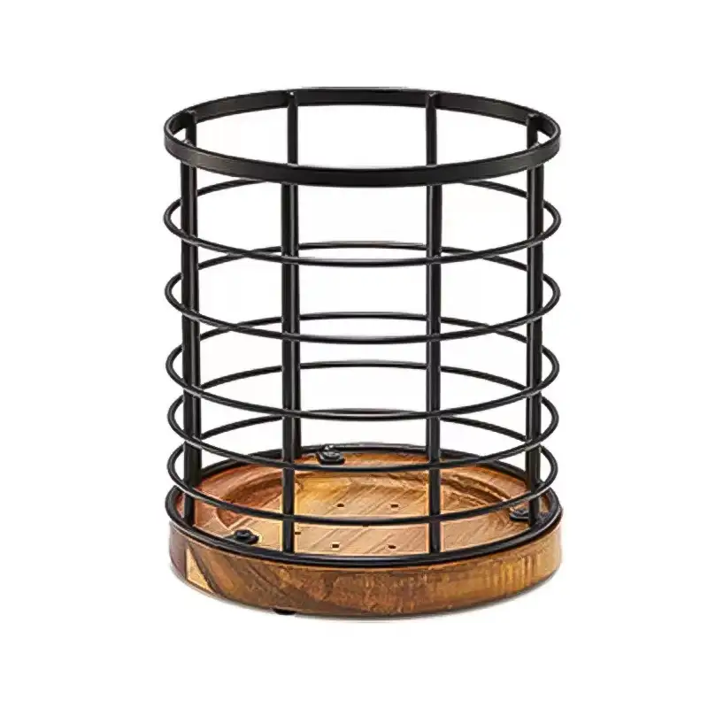 Porta utensilios de alambre de metal con base de madera